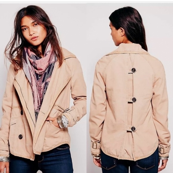 Free People Womens Big Ben Tipped Canvas Car Coat Size S Tan Jacket Peacoat Boho - Picture 1 of 12